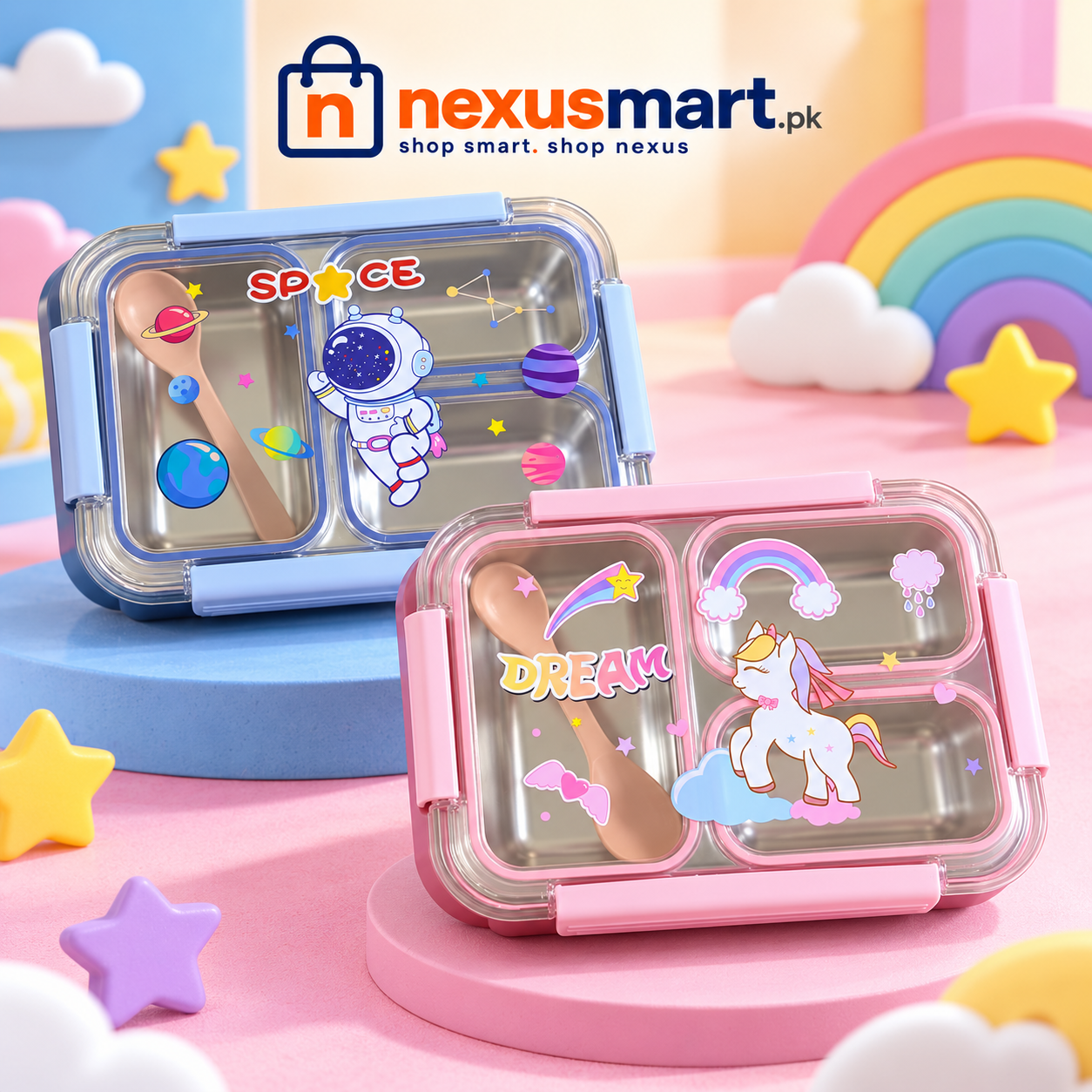 3-Compartment Kids Stainless Steel Lunch Box with Spoon – Space & Unicorn Themes