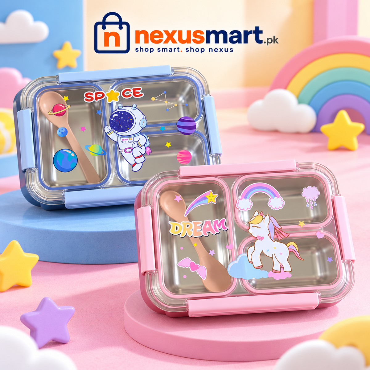 3-Compartment Kids Stainless Steel Lunch Box with Spoon – Space & Unicorn Themes