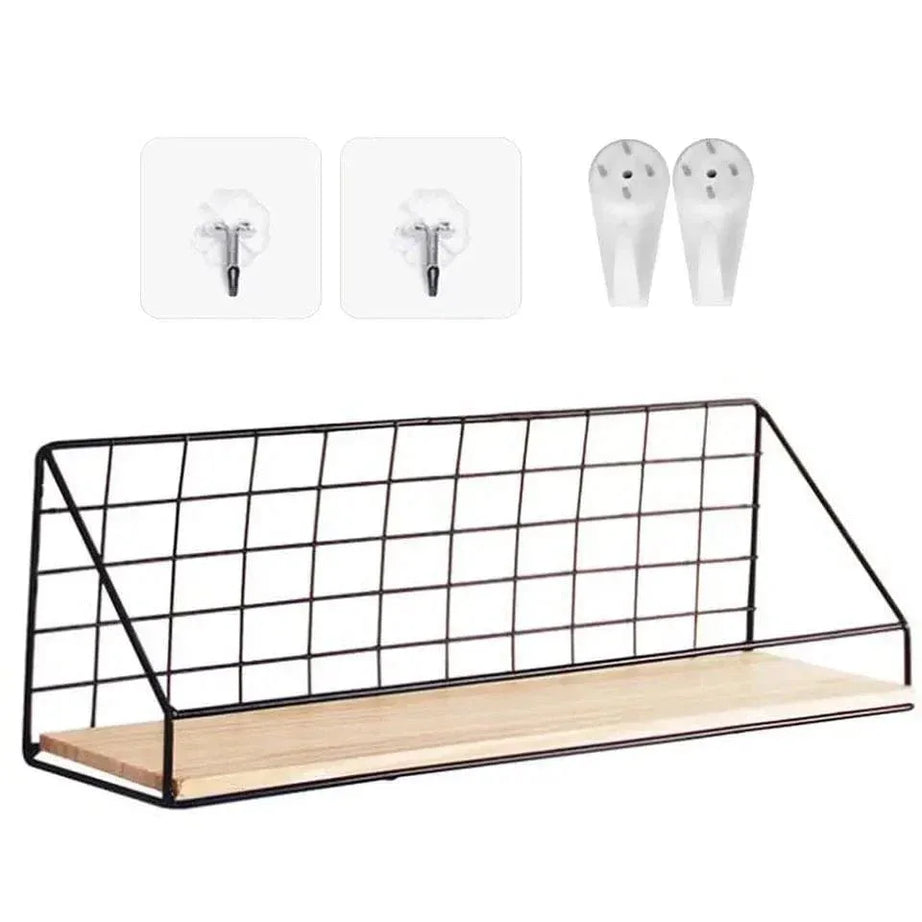 Metal Grid Wall Shelf with Wooden Base for Stylish Home Storage