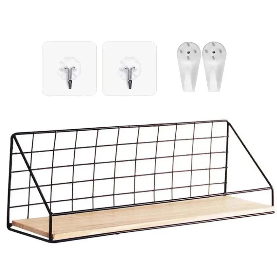 Metal Grid Wall Shelf with Wooden Base for Stylish Home Storage