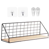 Metal Grid Wall Shelf with Wooden Base for Stylish Home Storage