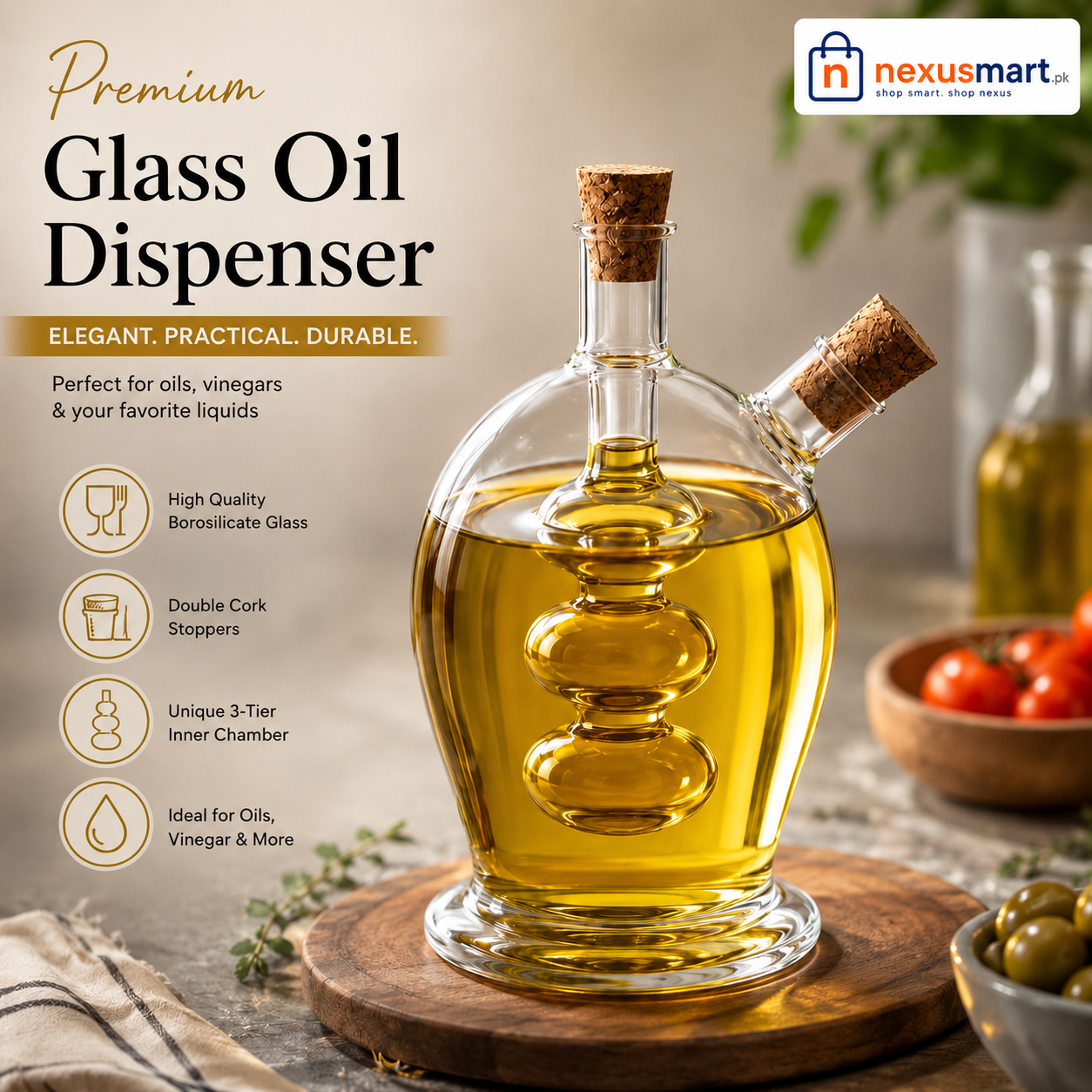 New Luxury 2-in-1 Double Mouth Glass Oil & Vinegar Dispenser with Cork Stoppers