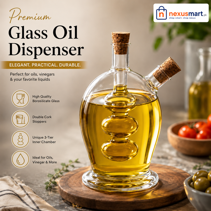 New Luxury 2-in-1 Double Mouth Glass Oil & Vinegar Dispenser with Cork Stoppers