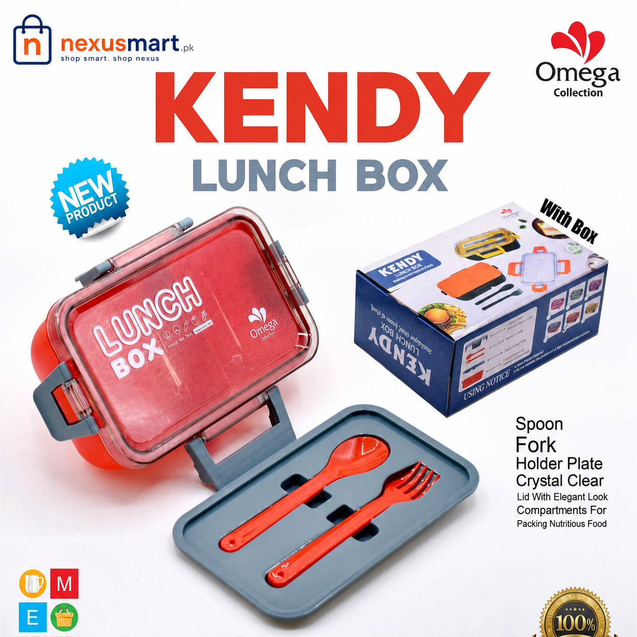 Kendy Portable Rectangle Lunch Box with Spoon & Fork, Crystal Clear Lid Kids School Lunch Box, Multipurpose Food Storage Container