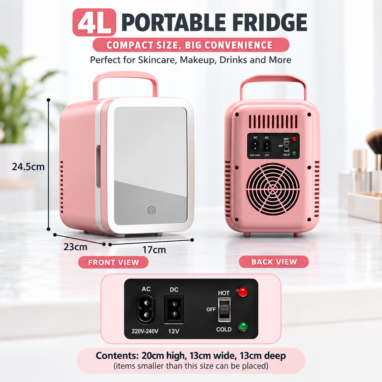 4L Vanity Mirror LED Portable Mini Fridge – Cosmetic & Skincare Cooler