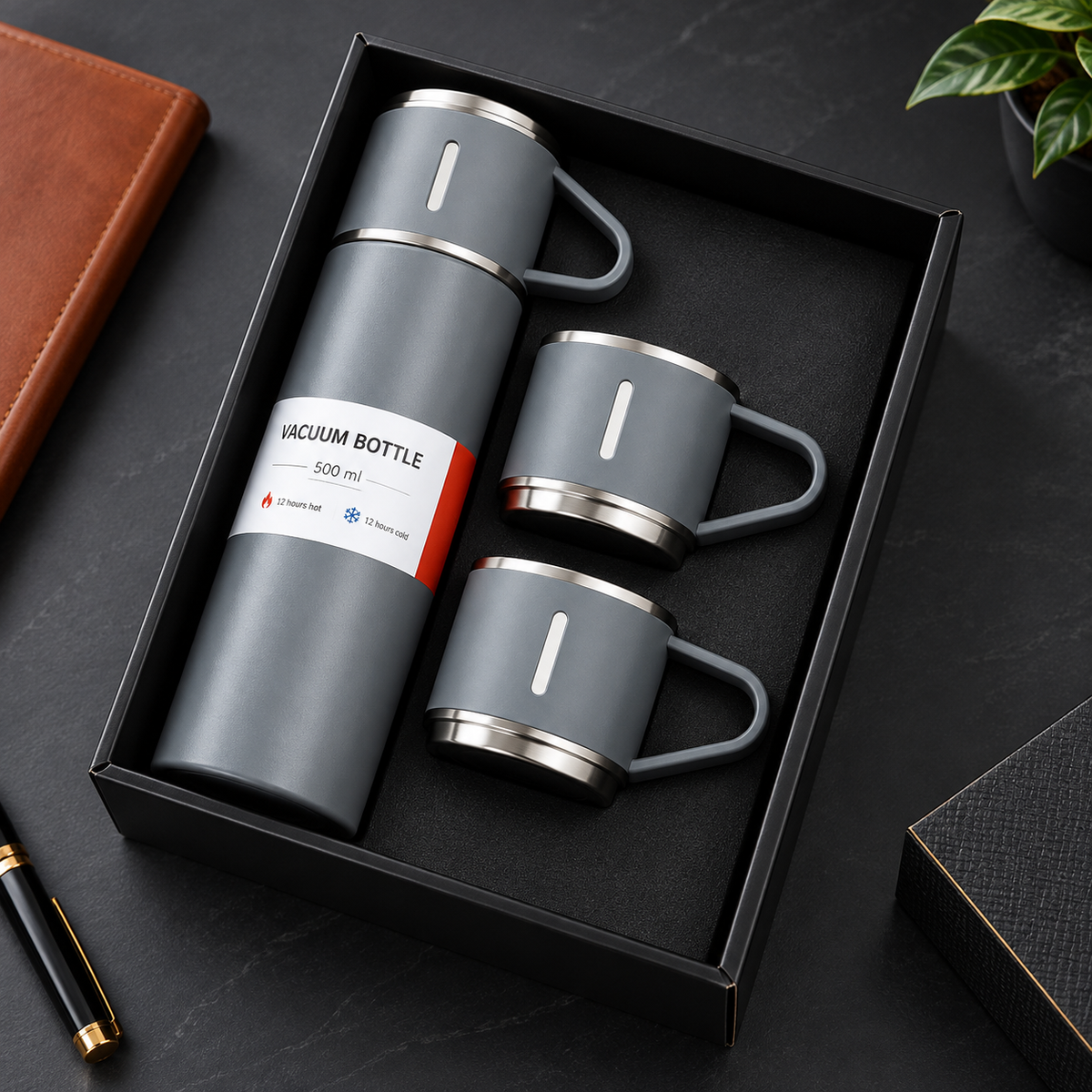 3-Cup Double-Layer Stainless Steel Vacuum Flask Set – Serving Flask with Cups