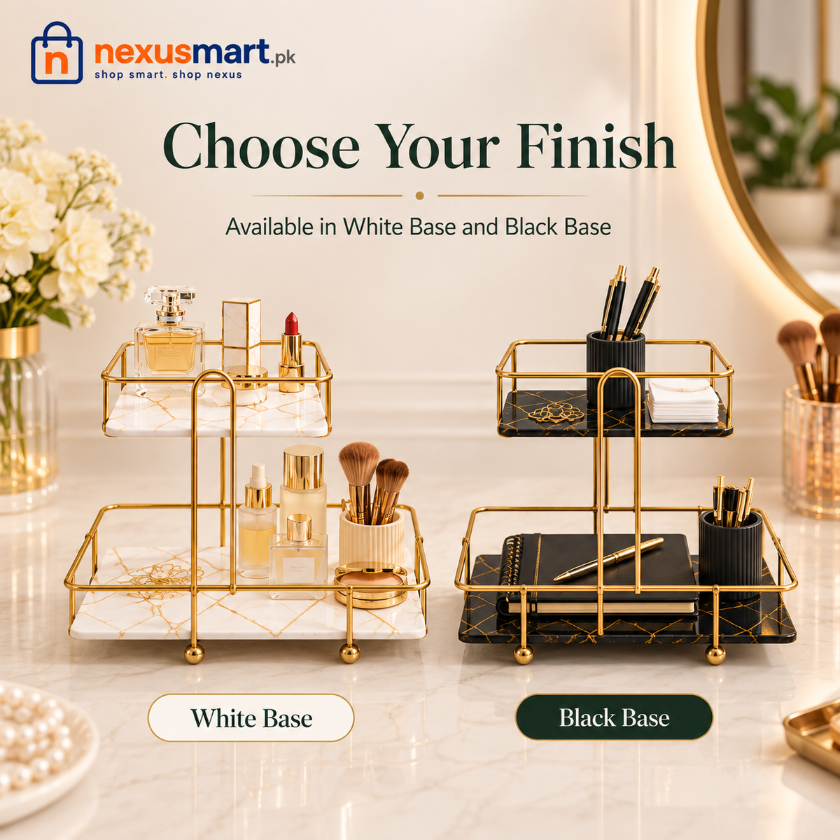 Matrix Square Rectangle 2-Tier Golden Vanity Stand – Countertop Organizer