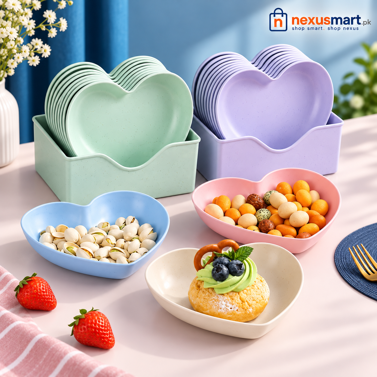 Heart Shape 10-Piece Plate Set with Holder – Serving & Snack Plate Set
