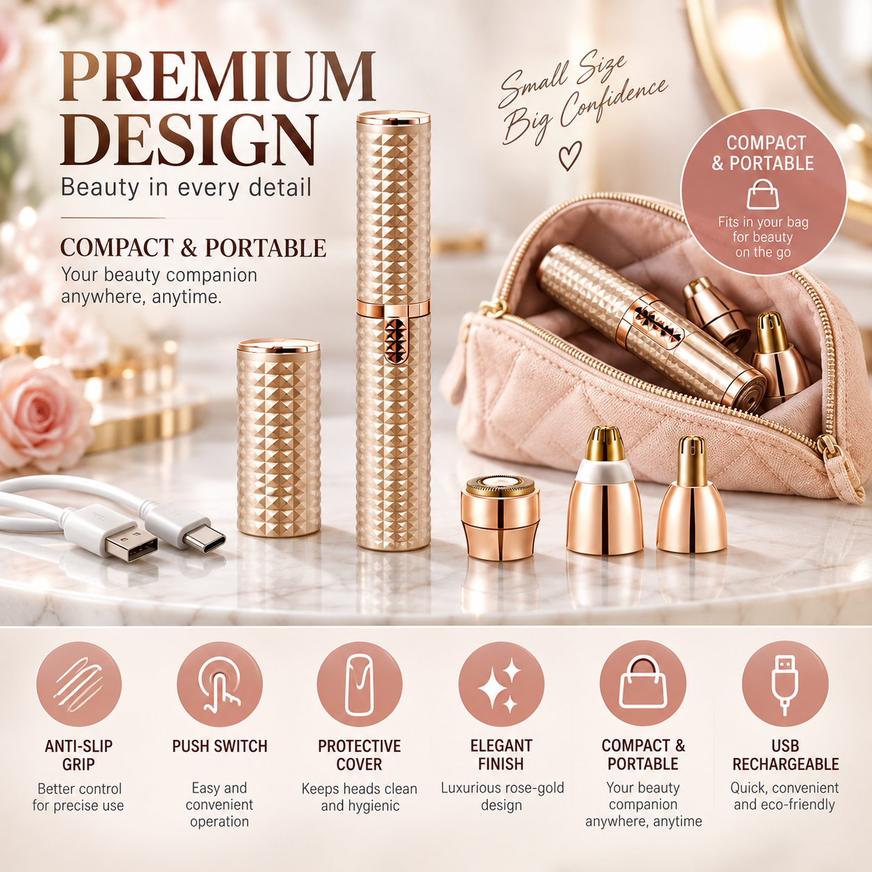 3-in-1 Golden Rechargeable Hair Remover – Facial & Body Grooming Kit