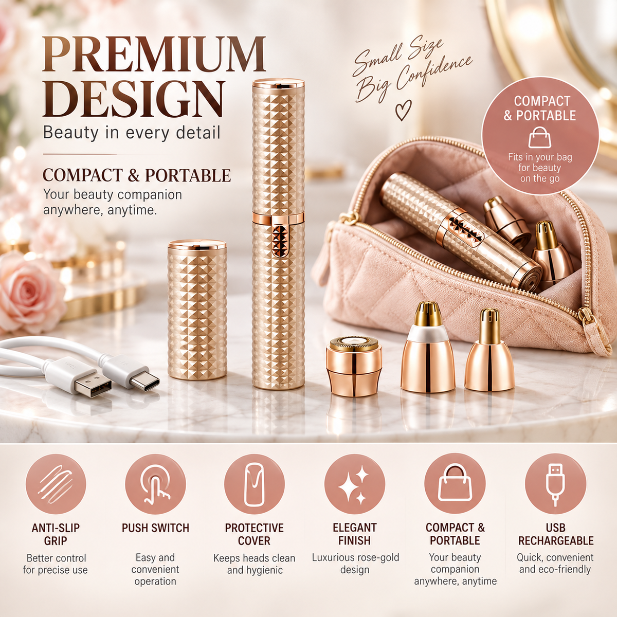 3-in-1 Golden Rechargeable Hair Remover – Facial & Body Grooming Kit