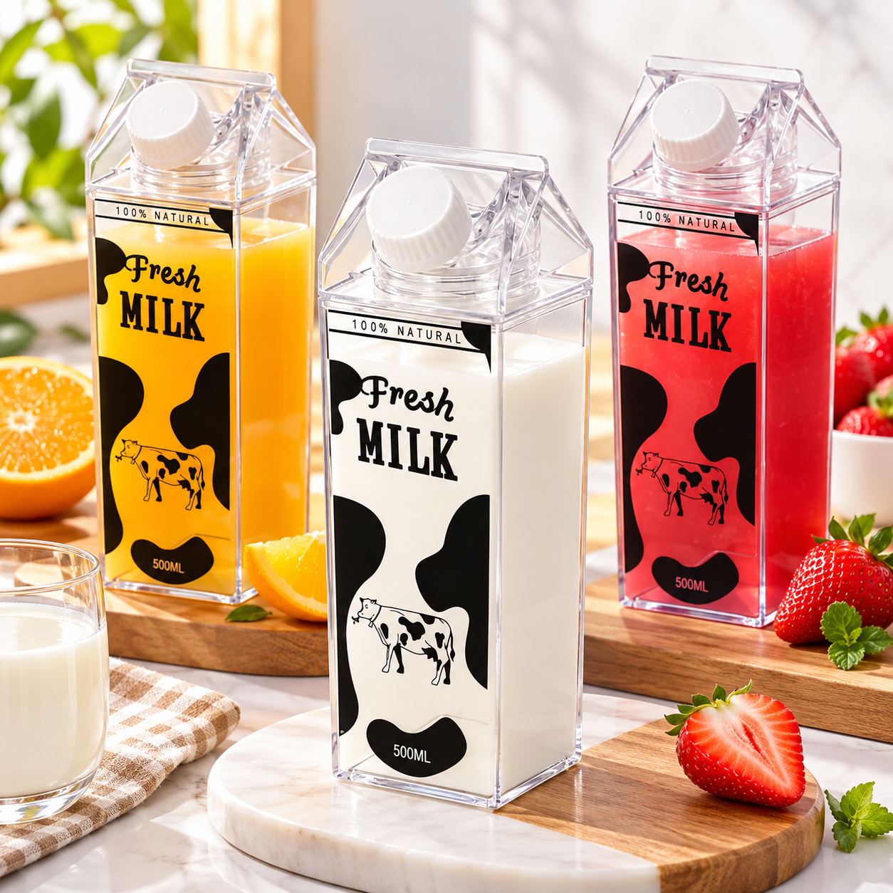 Cow Print Milk Carton Bottle 1000ml – BPA-Free Drink Bottle