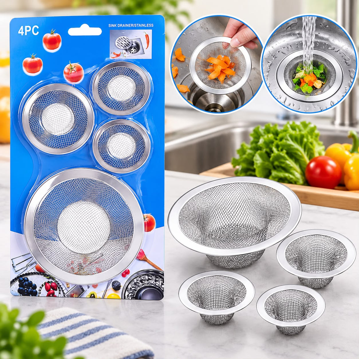 4-Piece Stainless Steel Sink Drain Mesh Filter Set – Drain Strainers