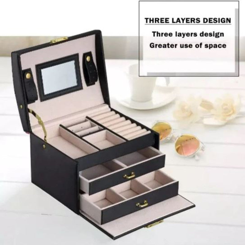 3 Layer Luxurious Large Capacity Jewellery Organizer Double Drawer Leather Box
