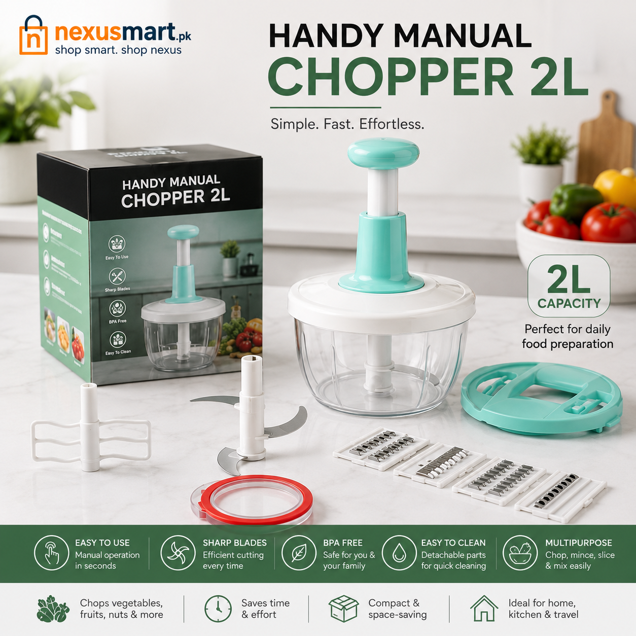 2L Handy Manual Vegetable Chopper with Blades & Slicer Attachments
