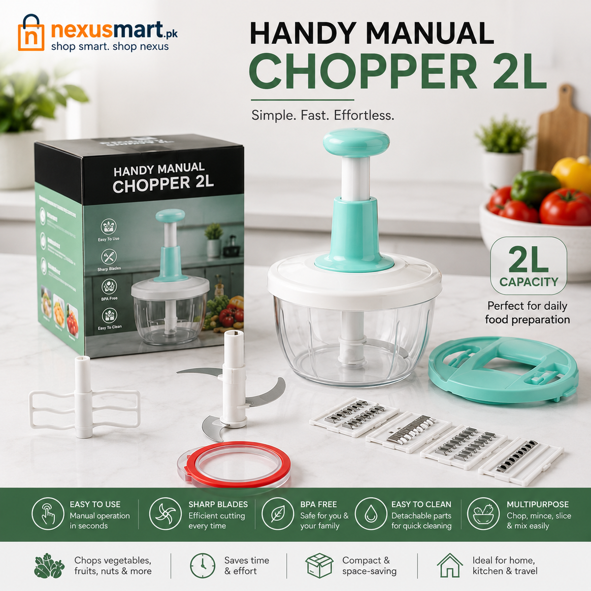 2L Handy Manual Vegetable Chopper with Blades & Slicer Attachments