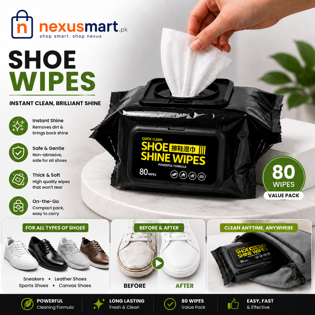 Shoe Shine Wipes – 80 Pcs Quick Cleaning Wipes for Footwear