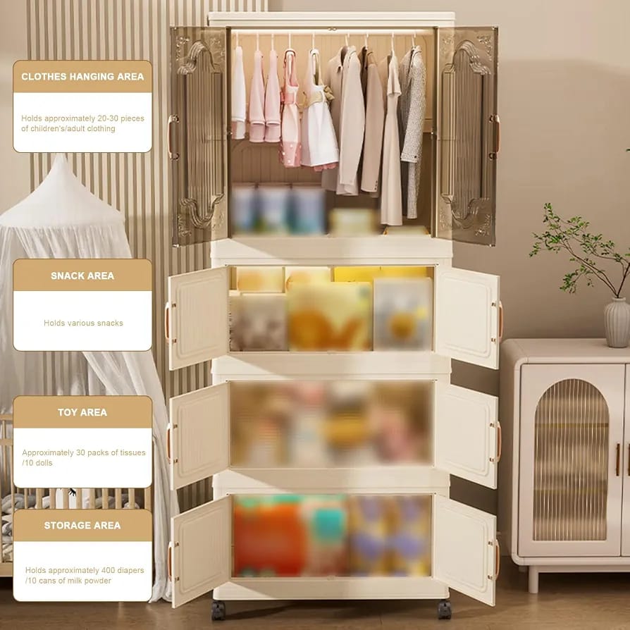 Modular Plastic Wardrobe with Hanging Section & Dustproof Storage