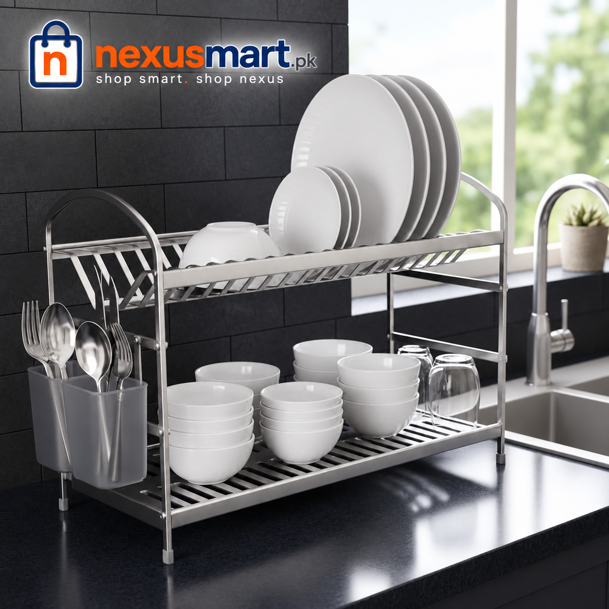2-Layer Aluminium Dish Rack – Kitchen Plate & Utensil Drying Organizer