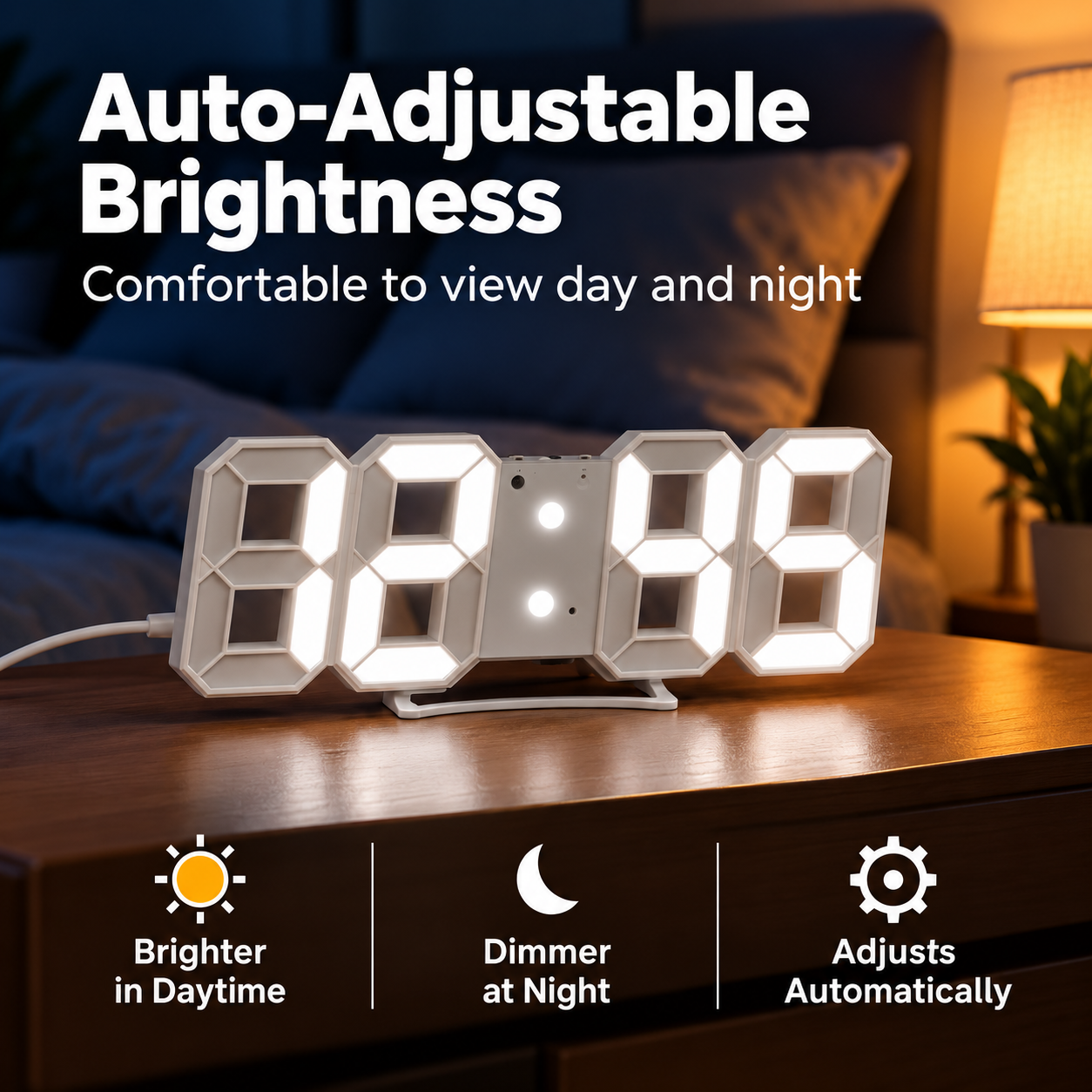 3D LED Digital Wall Clock with Alarm & Auto Brightness