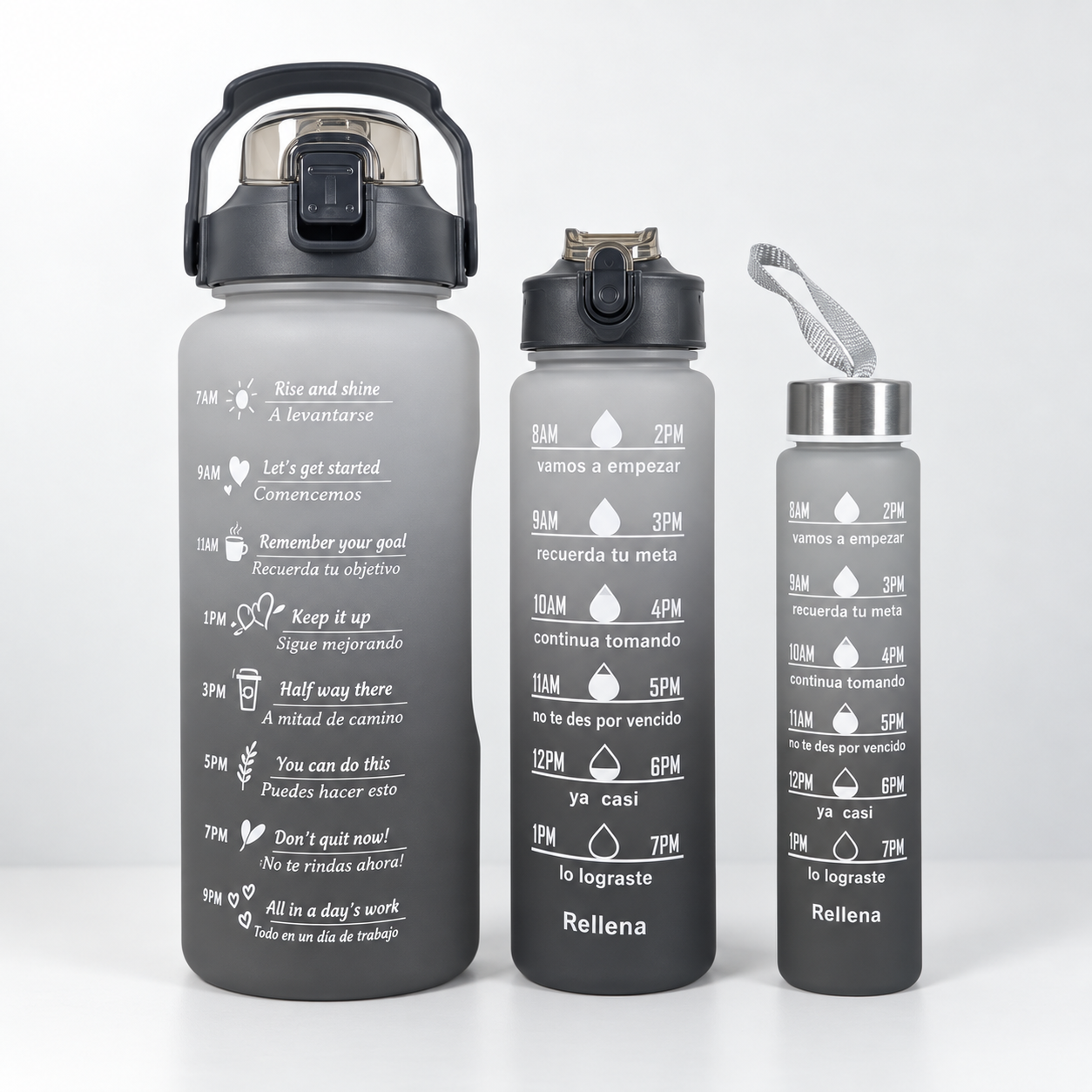 3-Piece Colourful Motivational Water Bottle Set – 3 Sizes with Time Markers