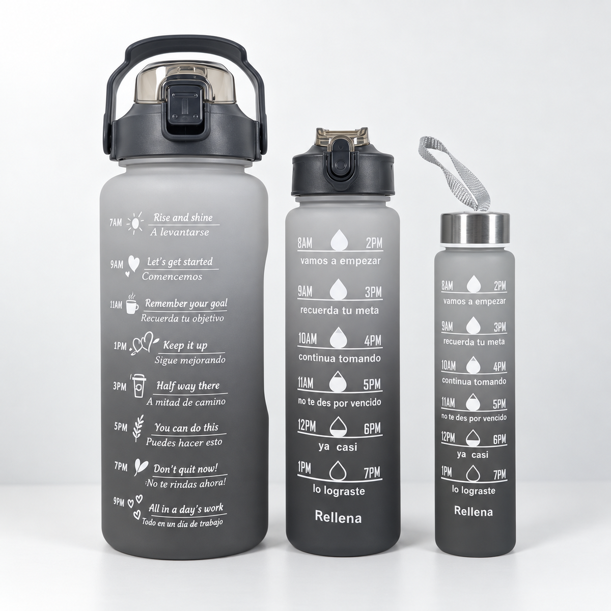 3-Piece Colourful Motivational Water Bottle Set – 3 Sizes with Time Markers