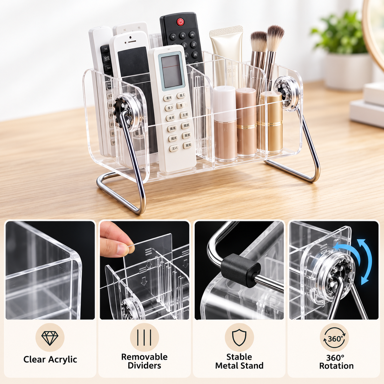 Acrylic Clear 360° Rotating Remote Control & Makeup Organizer