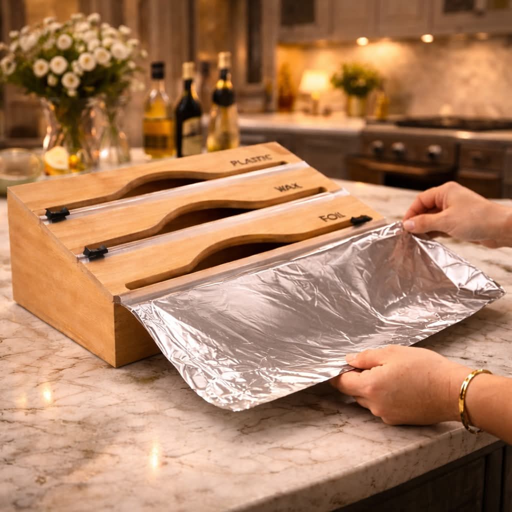 Bamboo Wrap Dispenser with Cutter – Kitchen Roll Organizer