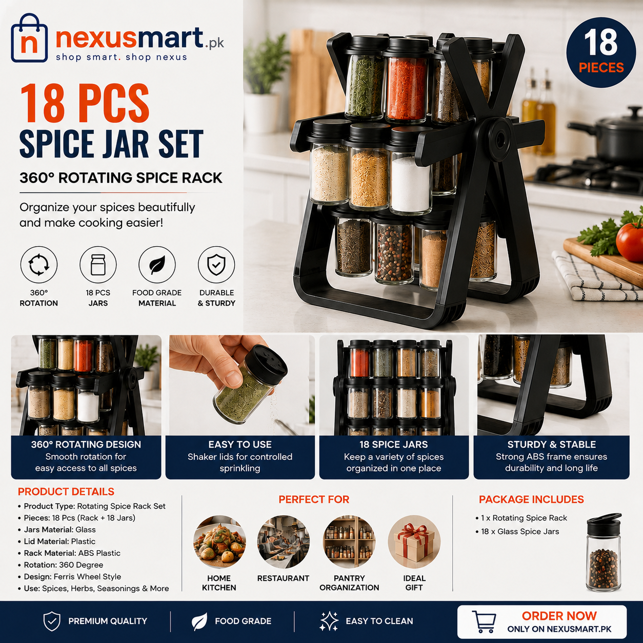 18 Pcs 360° Rotating Spice Jar Set – Ferris Wheel Countertop Seasoning Rack