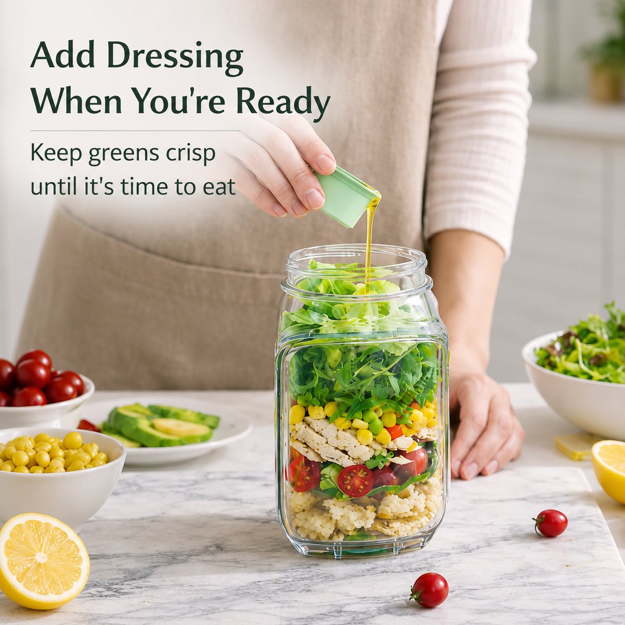 Leak-Proof Acrylic Salad Mason Jar with Dressing Container – Portable Meal Prep Jar