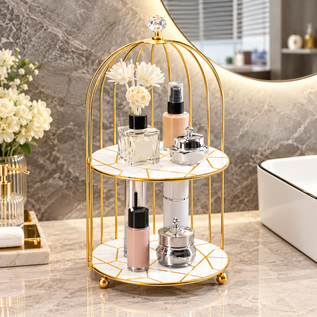 2-Tier Golden Vanity Cage – Cosmetic & Perfume Organizer Stand