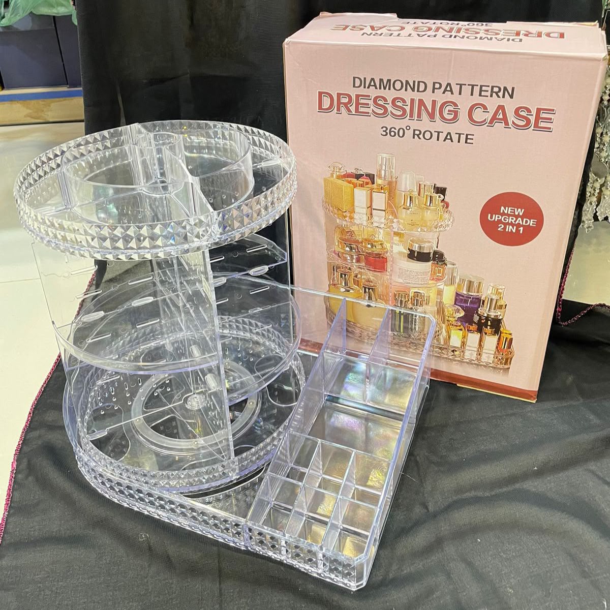 360° Rotating Jewelry Organizer with Dual Lipstick Tray Holder