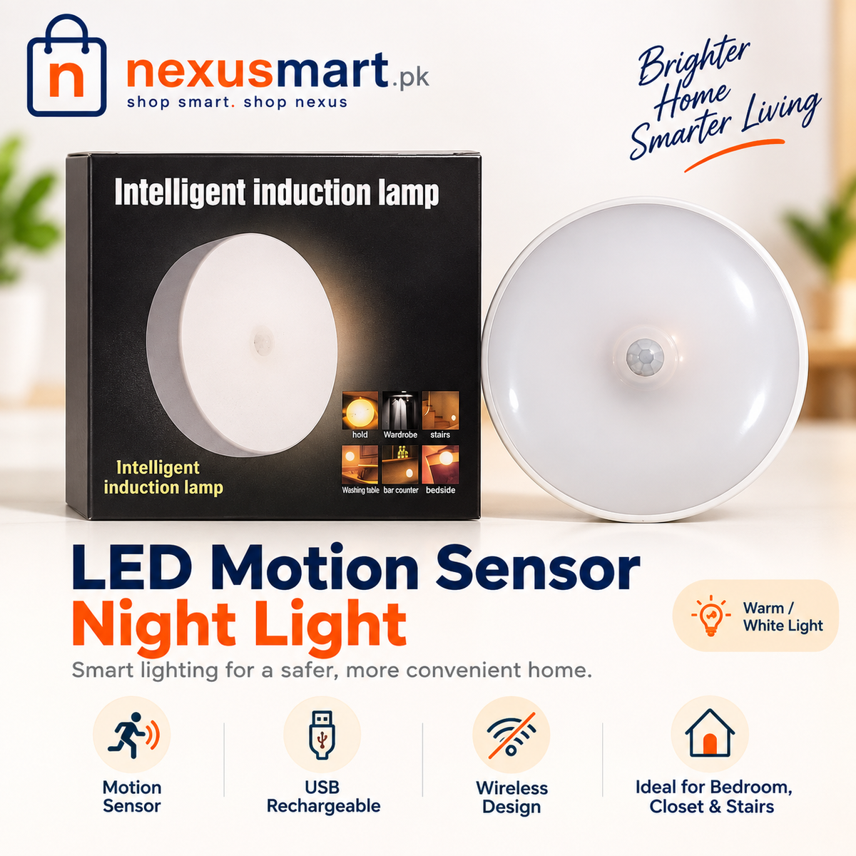 LED Motion Sensor Night Light – USB Rechargeable Wireless Induction Lamp