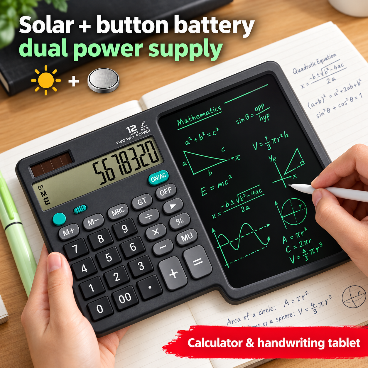 Calculator with Writing Tablet – Portable 12-Digit LCD Calculator