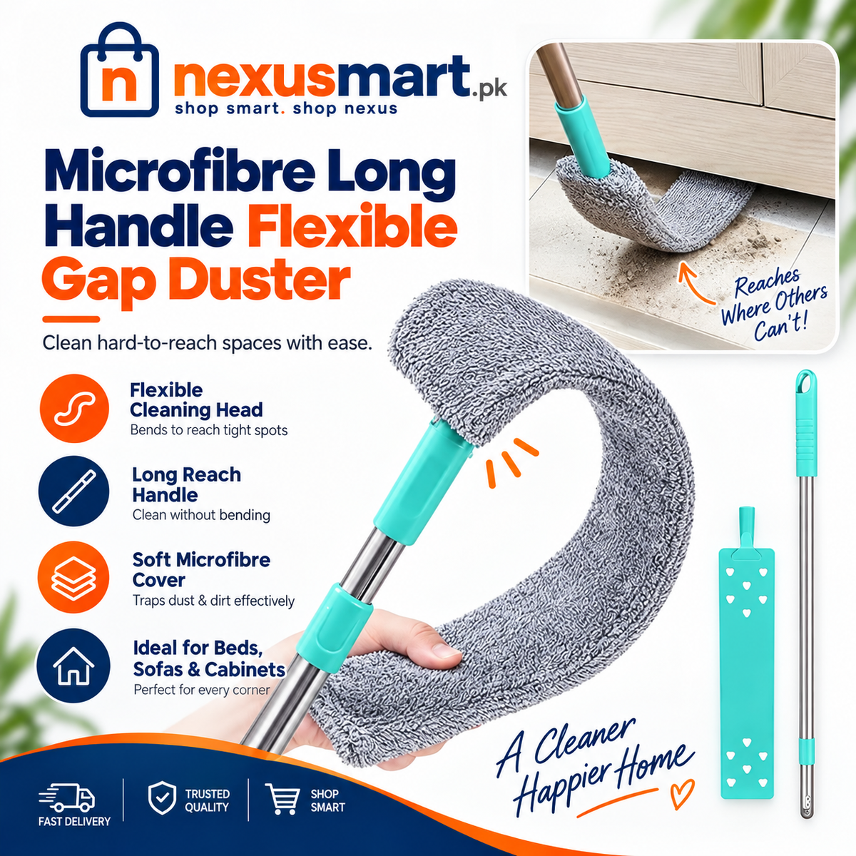 Microfibre Long Handle Flexible Gap Duster – Hard-to-Reach Cleaning Tool