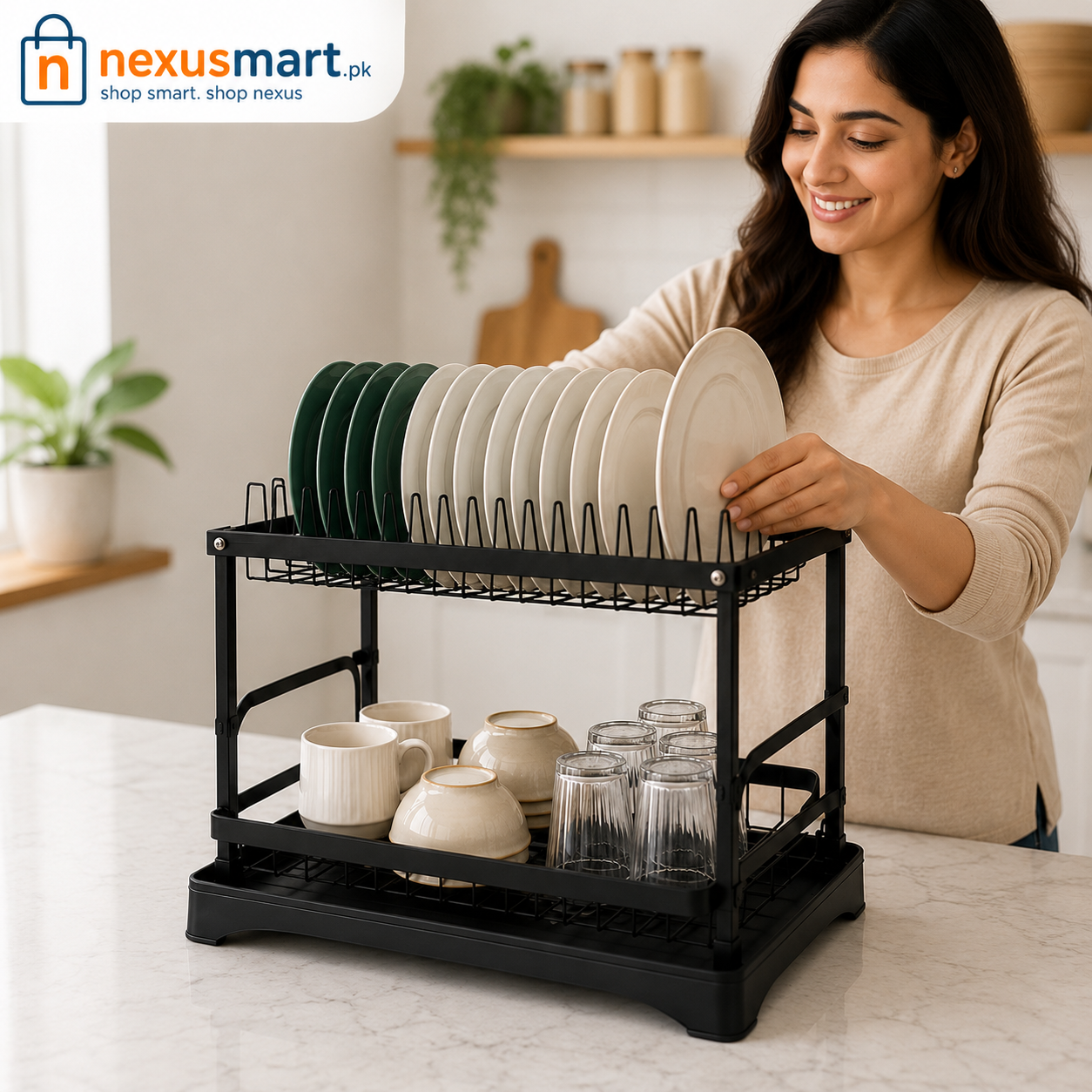 2-Tier Dish Drying Rack with Drain Tray – 42cm Kitchen Organizer