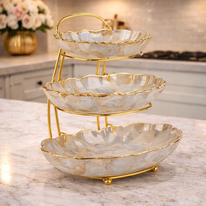 3-Tier Ceramic Fancy Dishes – Triple Tier Platter with Elegant Golden Stand