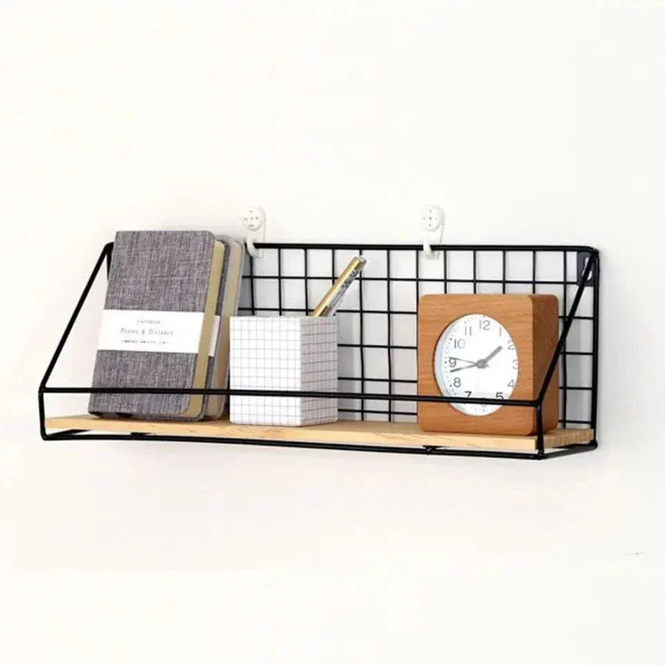 Metal Grid Wall Shelf with Wooden Base for Stylish Home Storage