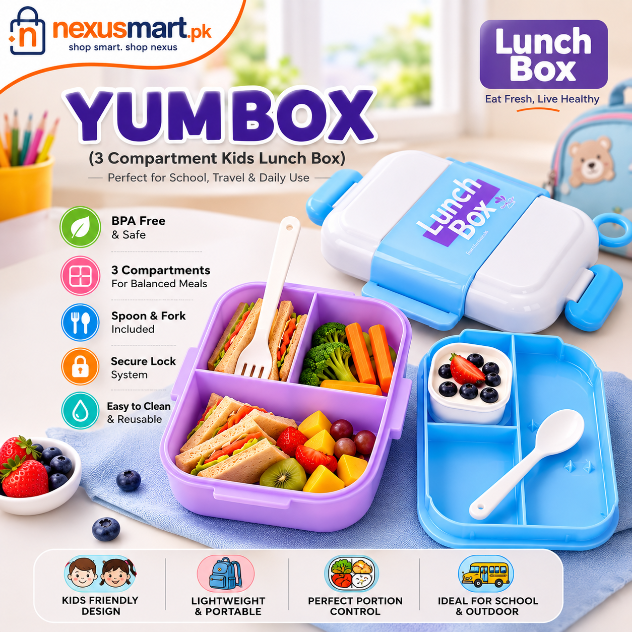 YUMBOX 3-Compartment Kids Lunch Box with Spoon & Fork – Secure Lock Bento Box