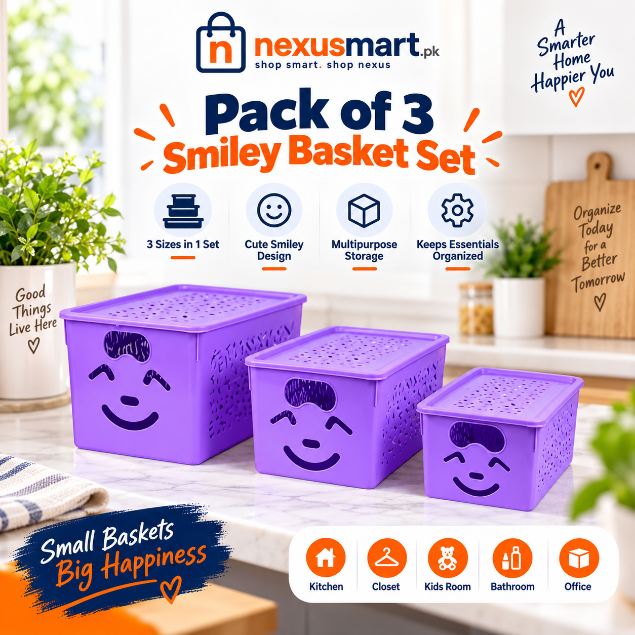 Pack of 3 Smiley Basket Set – Multipurpose Storage & Organizer Baskets