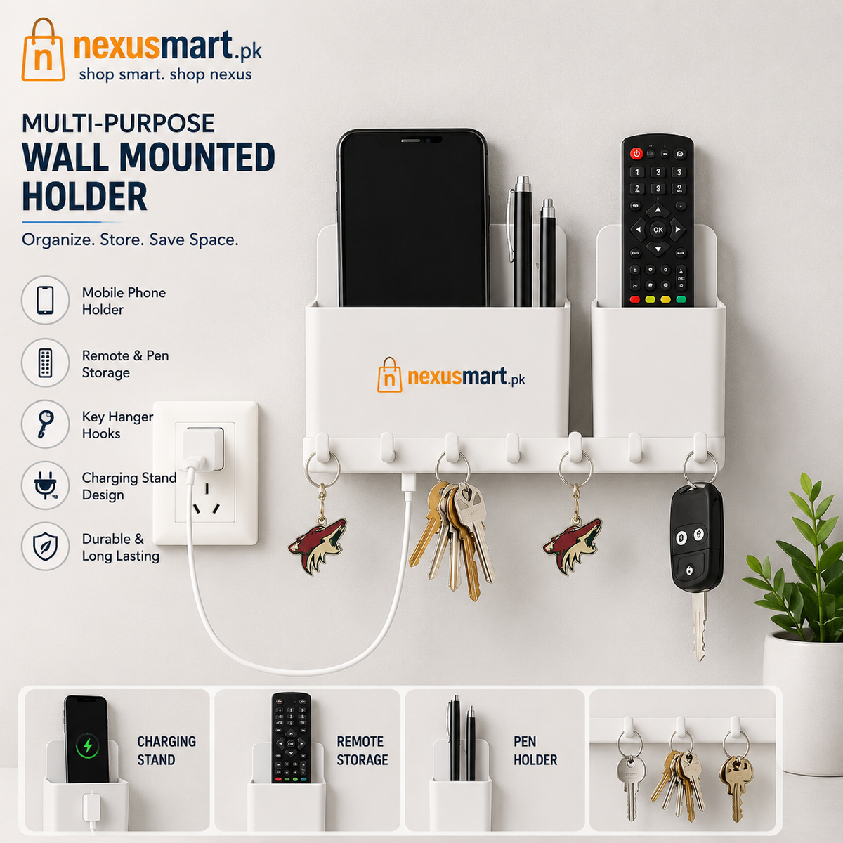 Multi-Purpose Wall Mounted Mobile Phone Holder with Key Hooks & Charging Stand