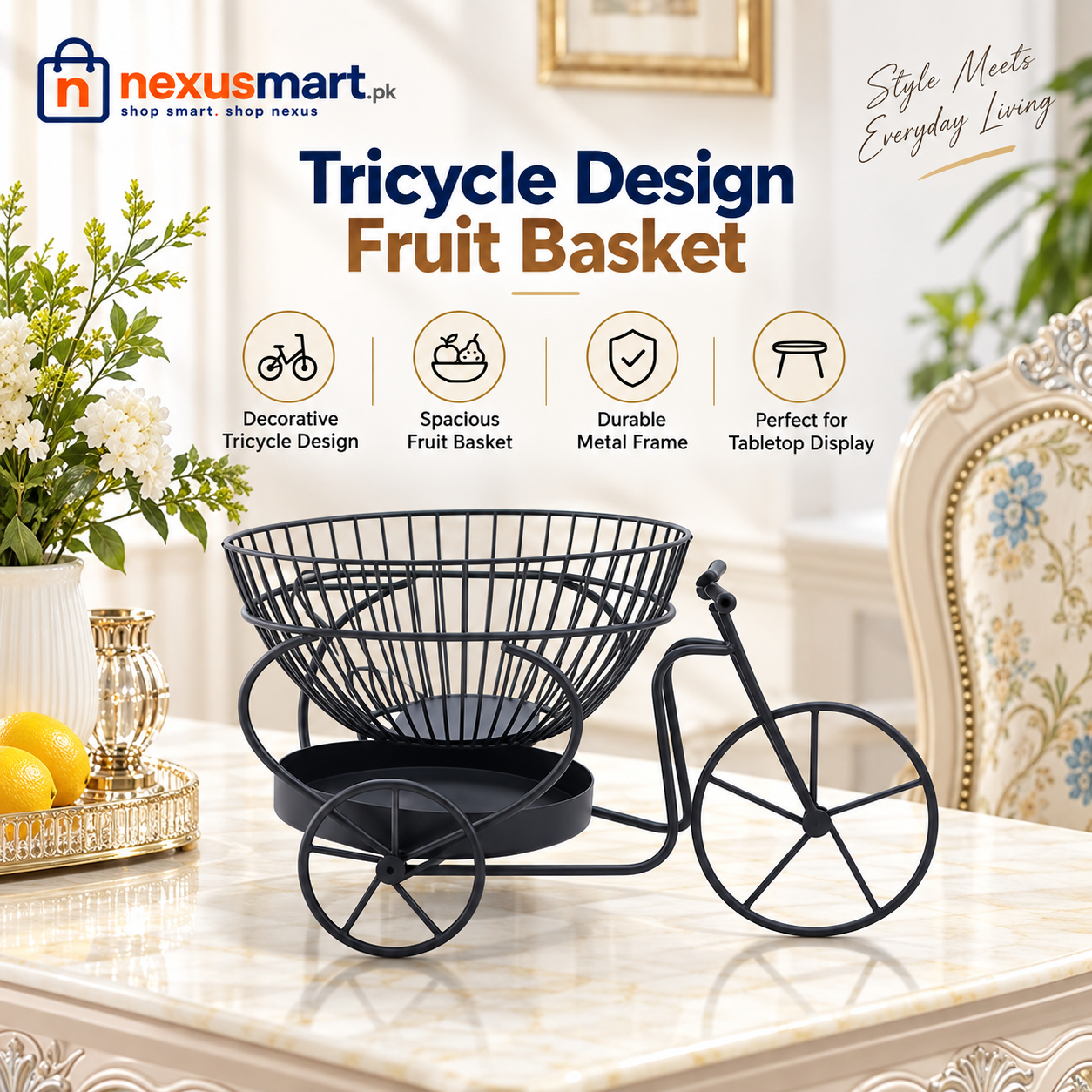 Tricycle Design Fruit Basket – Decorative Countertop Storage Basket