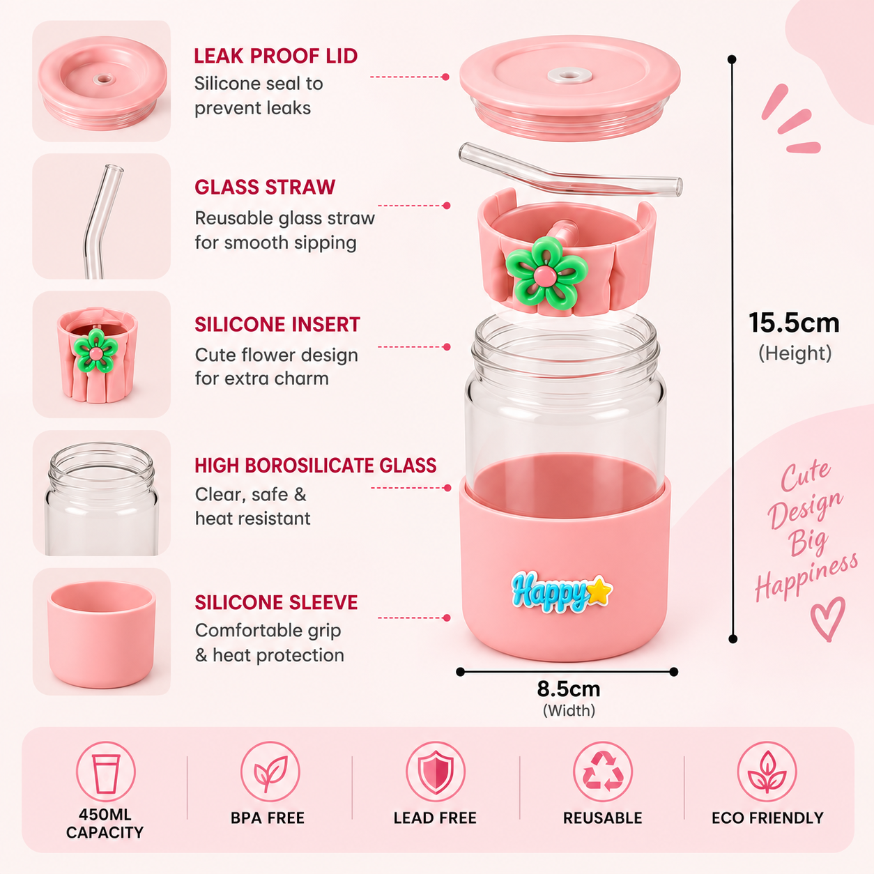 350ml Glass Straw Sipper – Cute Portable Water Bottle with Flip Lid