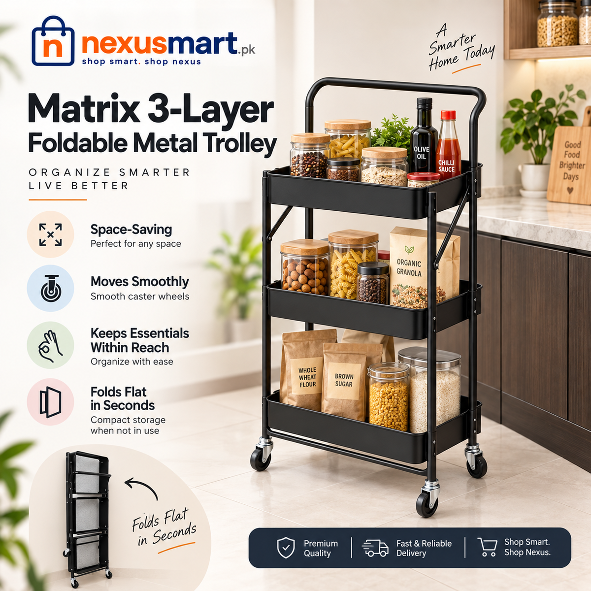Matrix 3-Layer Foldable Metal Trolley – Multi-Tier Storage Organizer