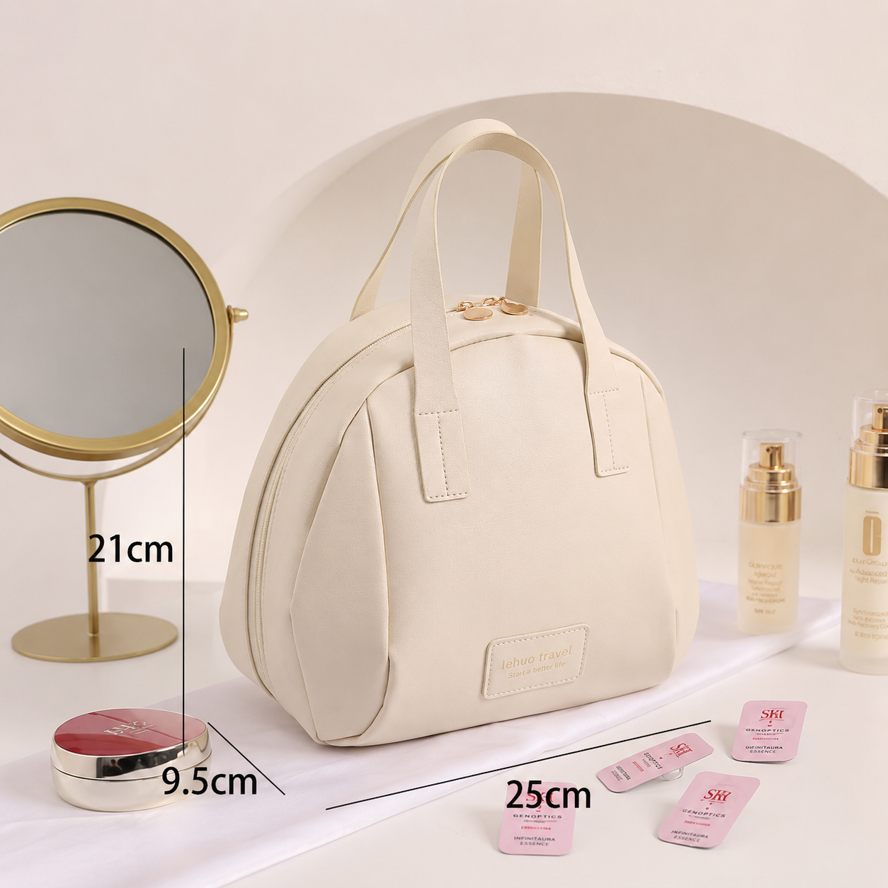 Travel PU Cosmetic Pouch with Handles – Portable Makeup & Toiletry Organizer Bag