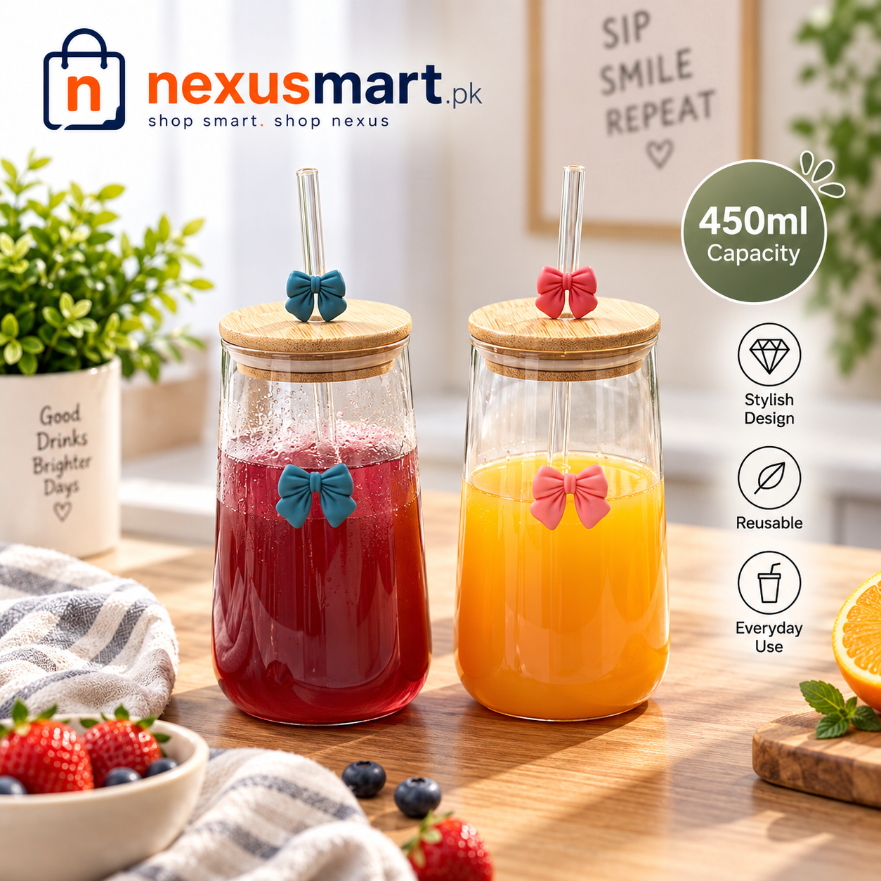 450ml Glass Sipper with Straw – Reusable Drinking Glass