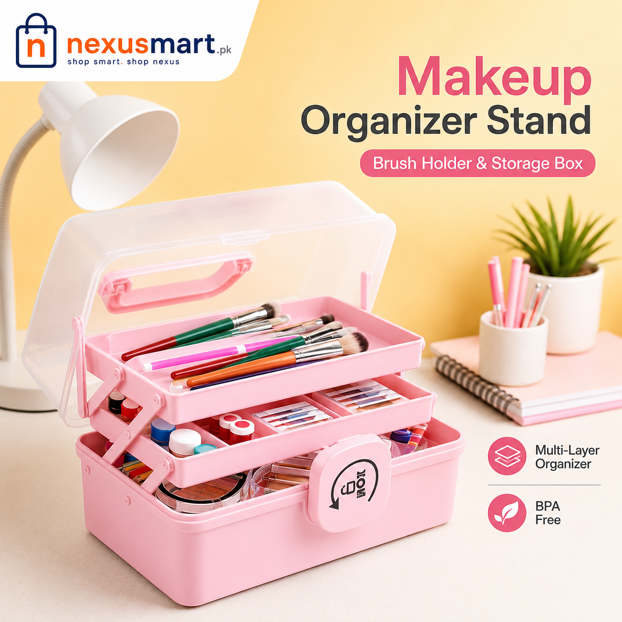 Makeup Organizer Storage Box – Multi-Layer Brush, Lipstick & Cosmetic Organizer with Li