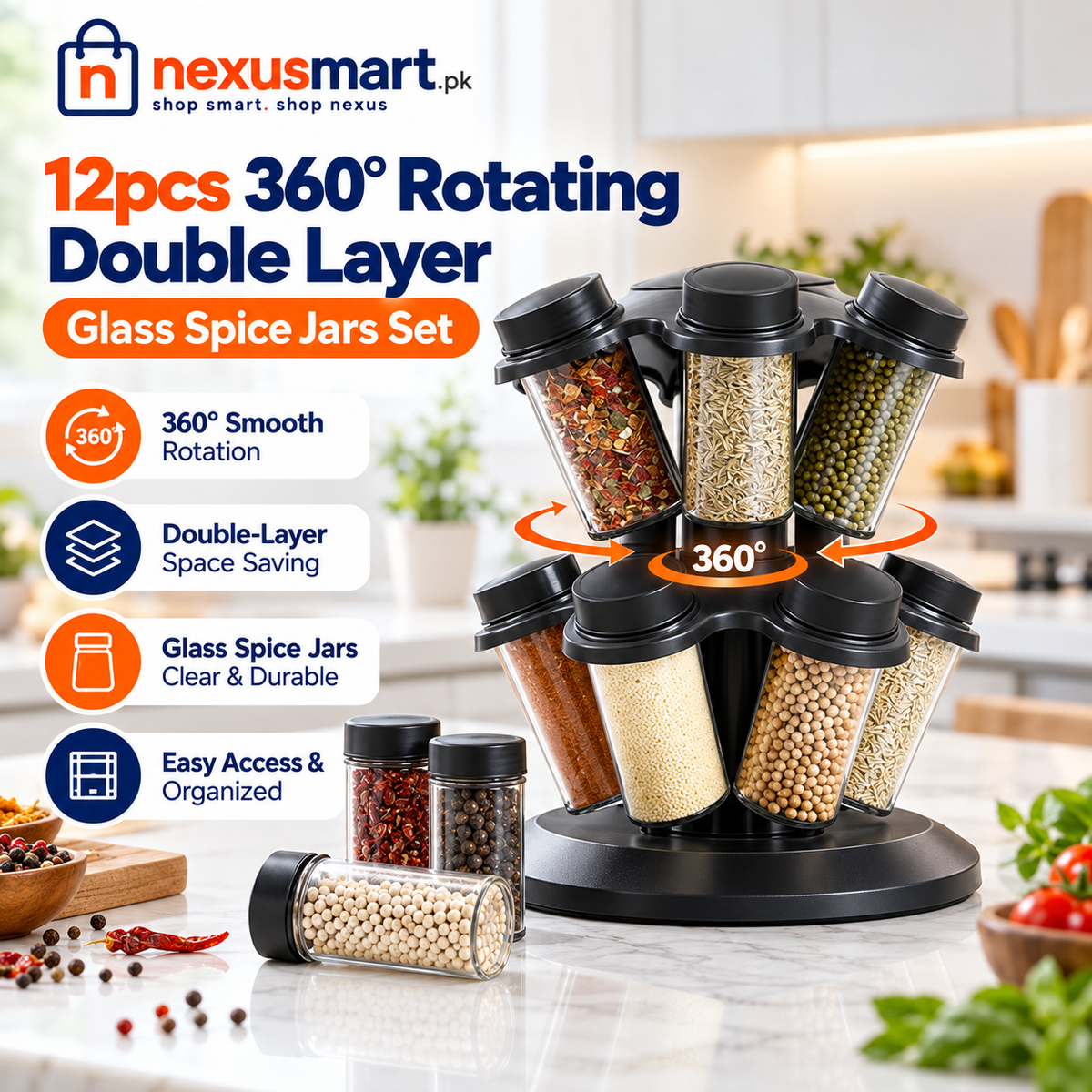 12-Piece 360° Rotating Double-Layer Glass Spice Jar Set