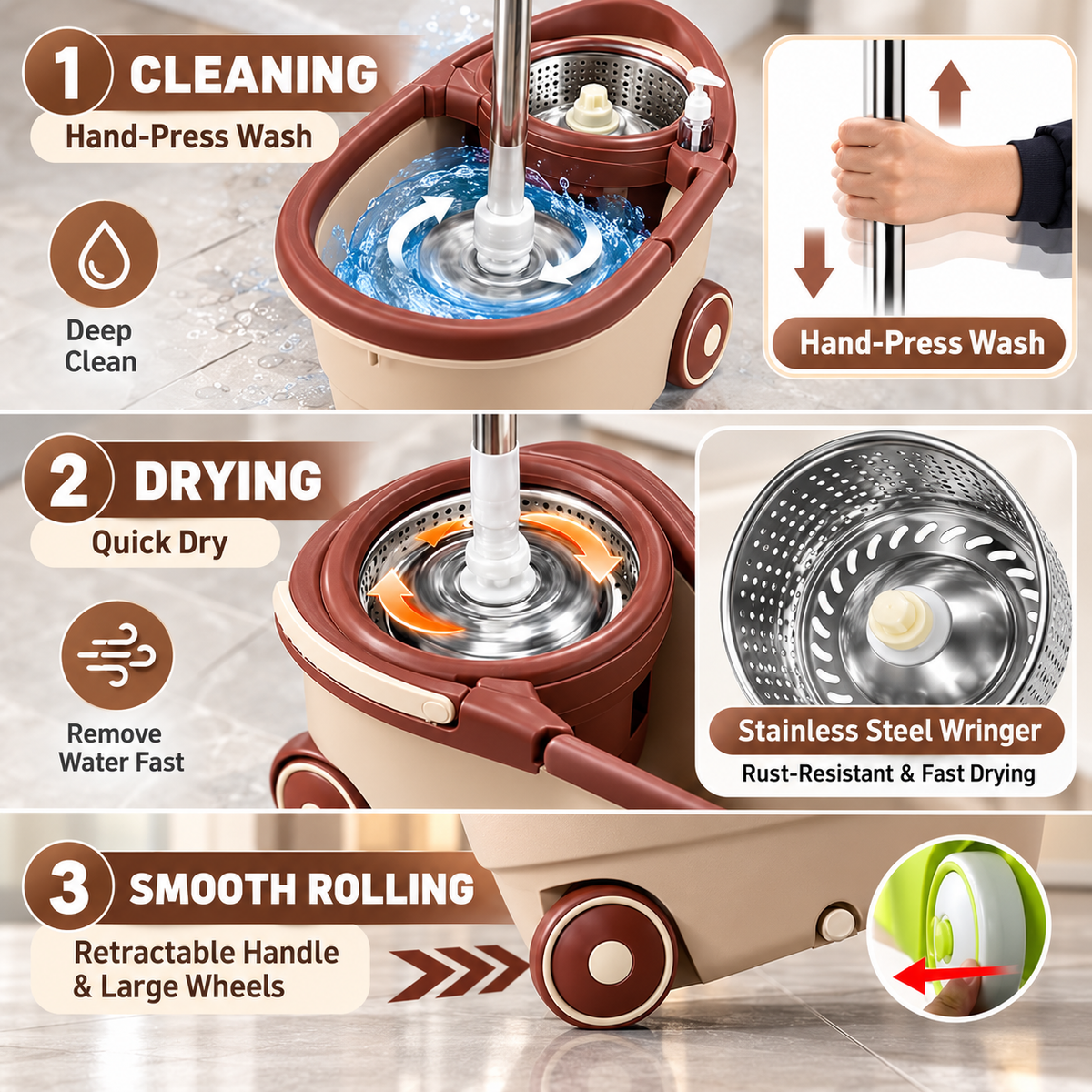 360° Spin Mop with Wheels – Floor Cleaning Mop System