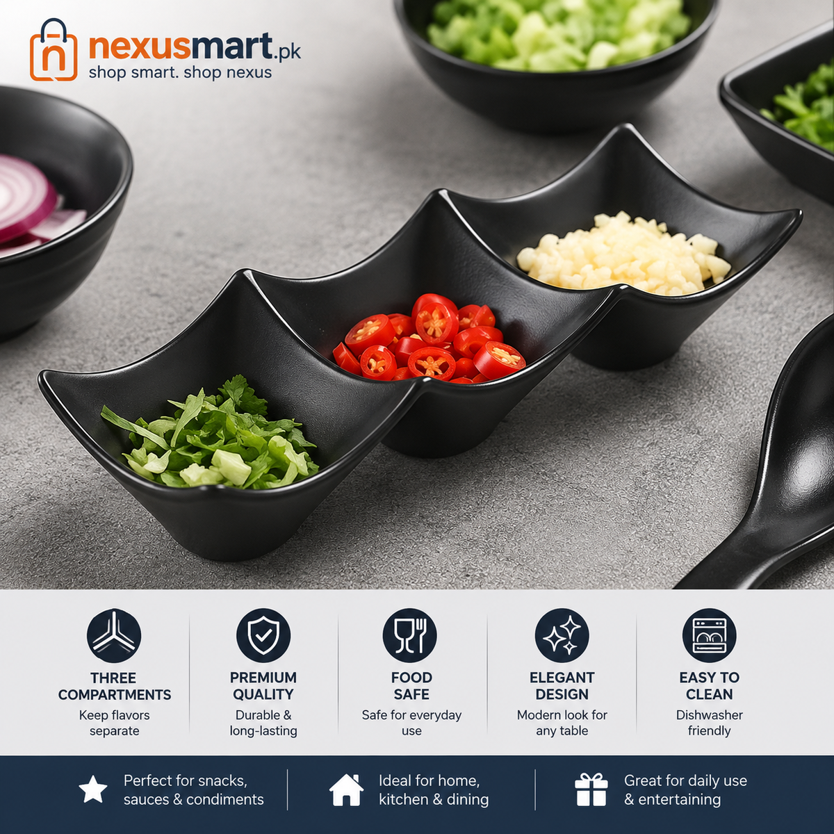 3-Compartment Dip Sauce Tray – Snack & Condiment Serving Dish