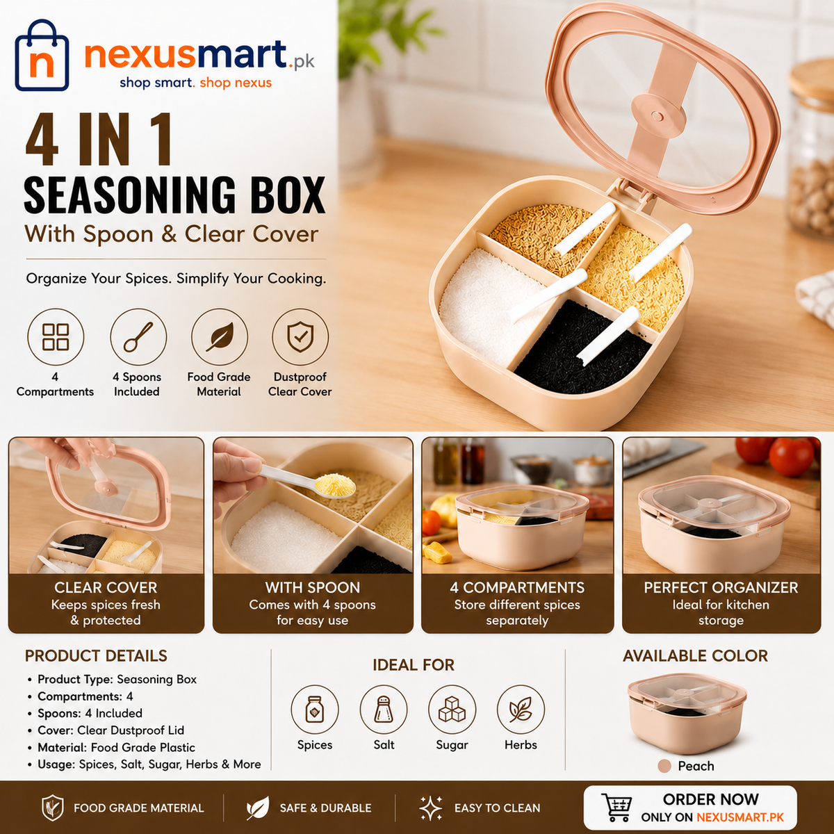 4-in-1 Seasoning Box with Spoons & Clear Cover – Multi-Compartment Spice Organizer